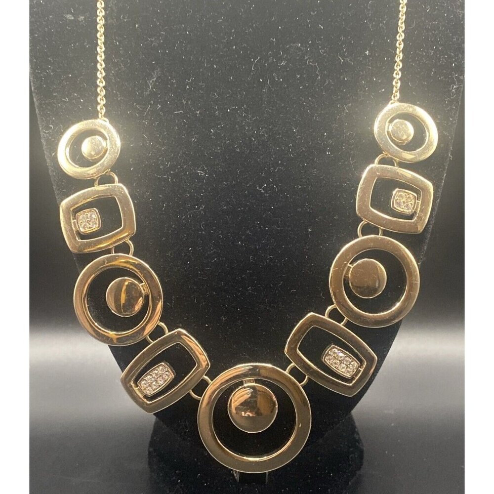 WHBM Necklace Goldtone Geometric Links Circles and Rectangles Rhinestone Accents - Picture 2 of 6